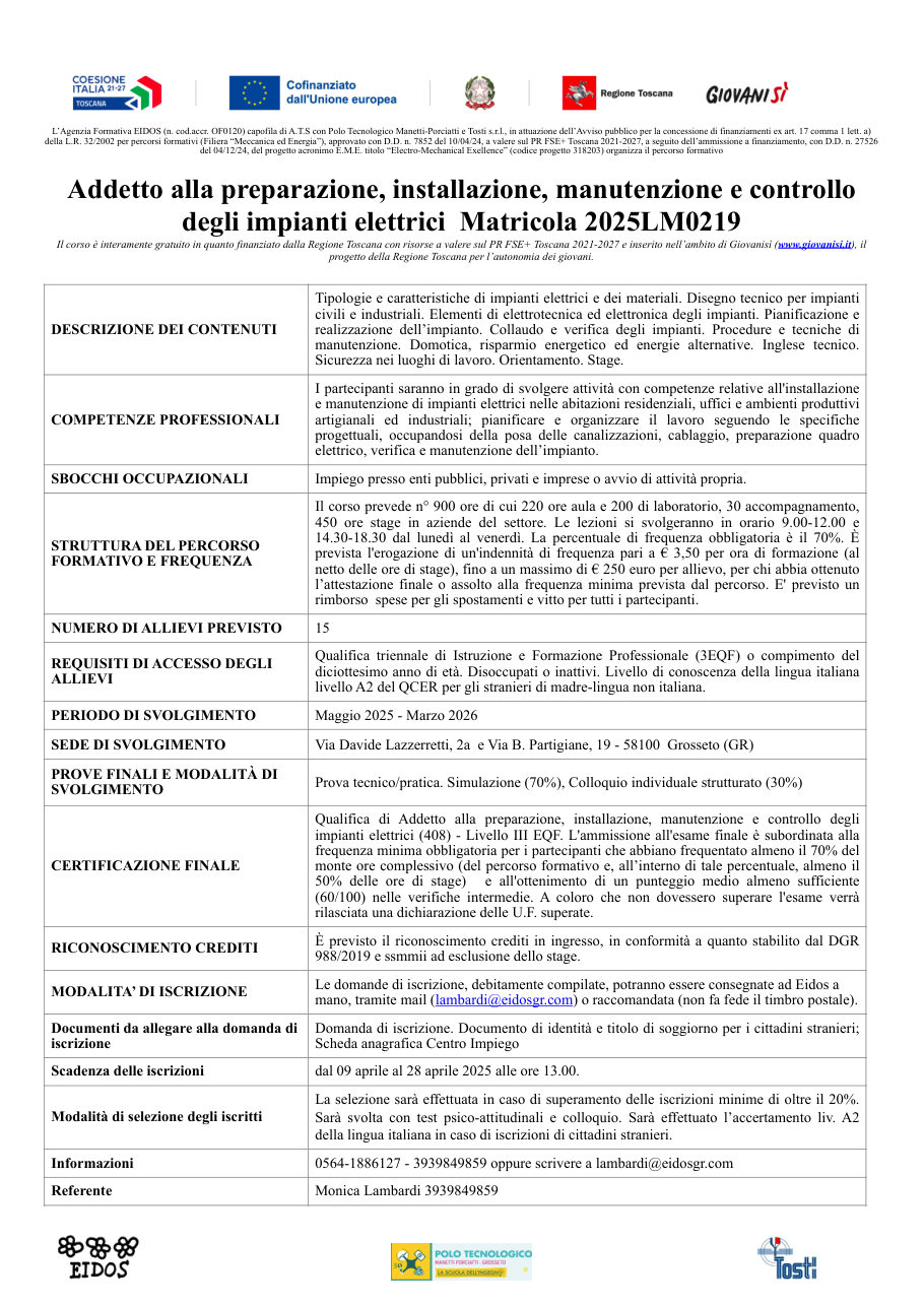 Locandina del corso Addetto impianti elettrici