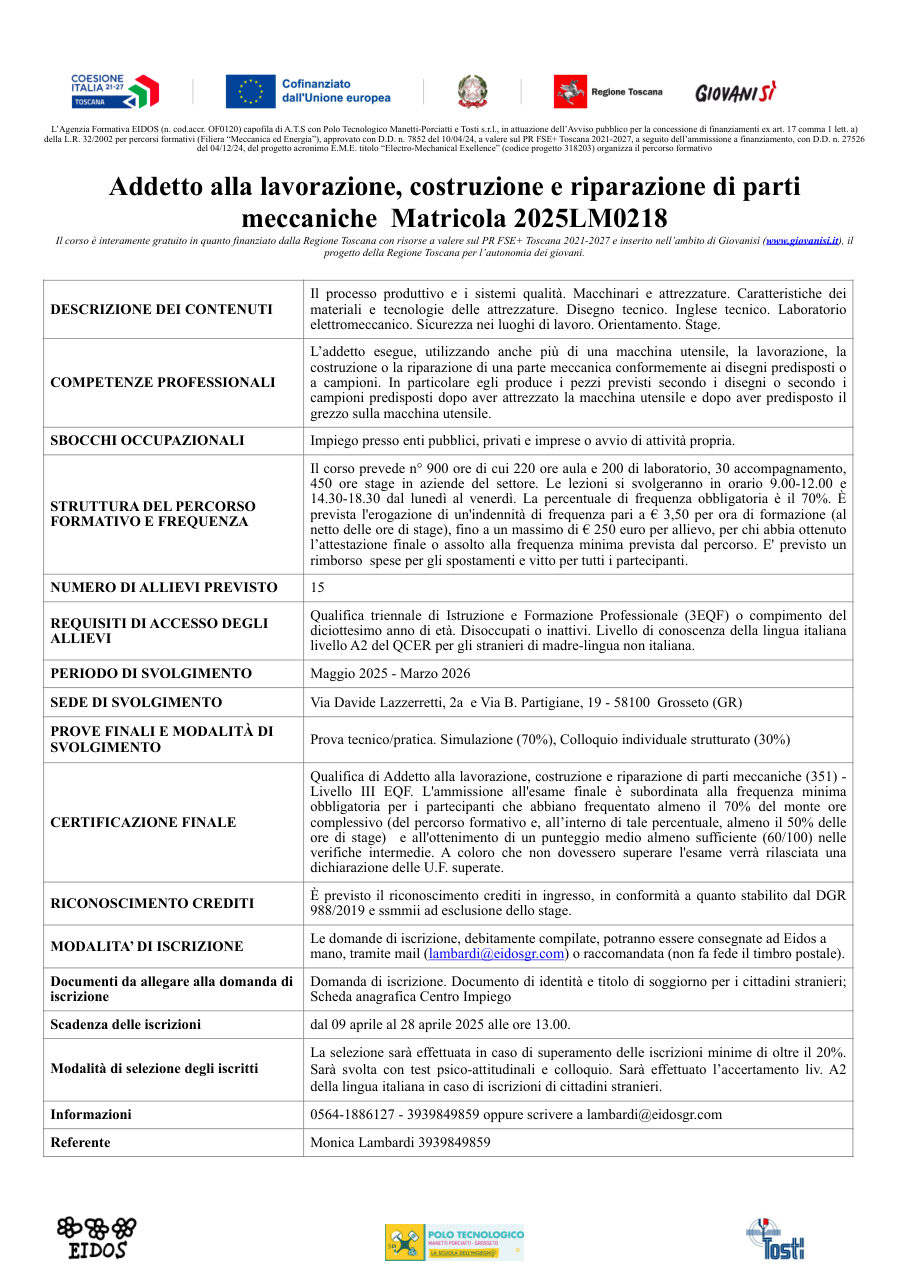 Locandina del corso Addetto parti meccaniche