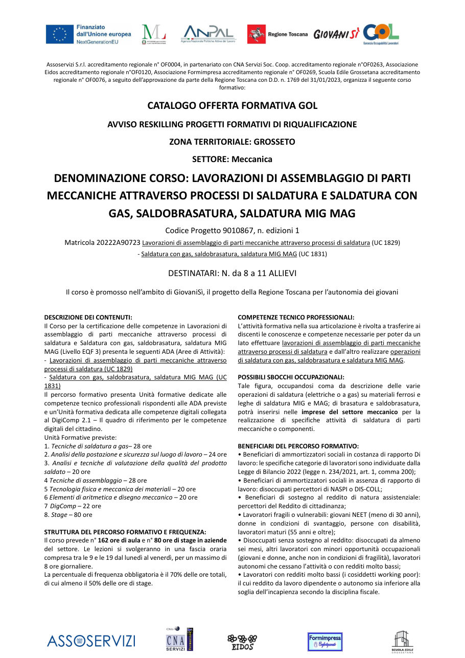 Locandina del corso di saldatura GOL